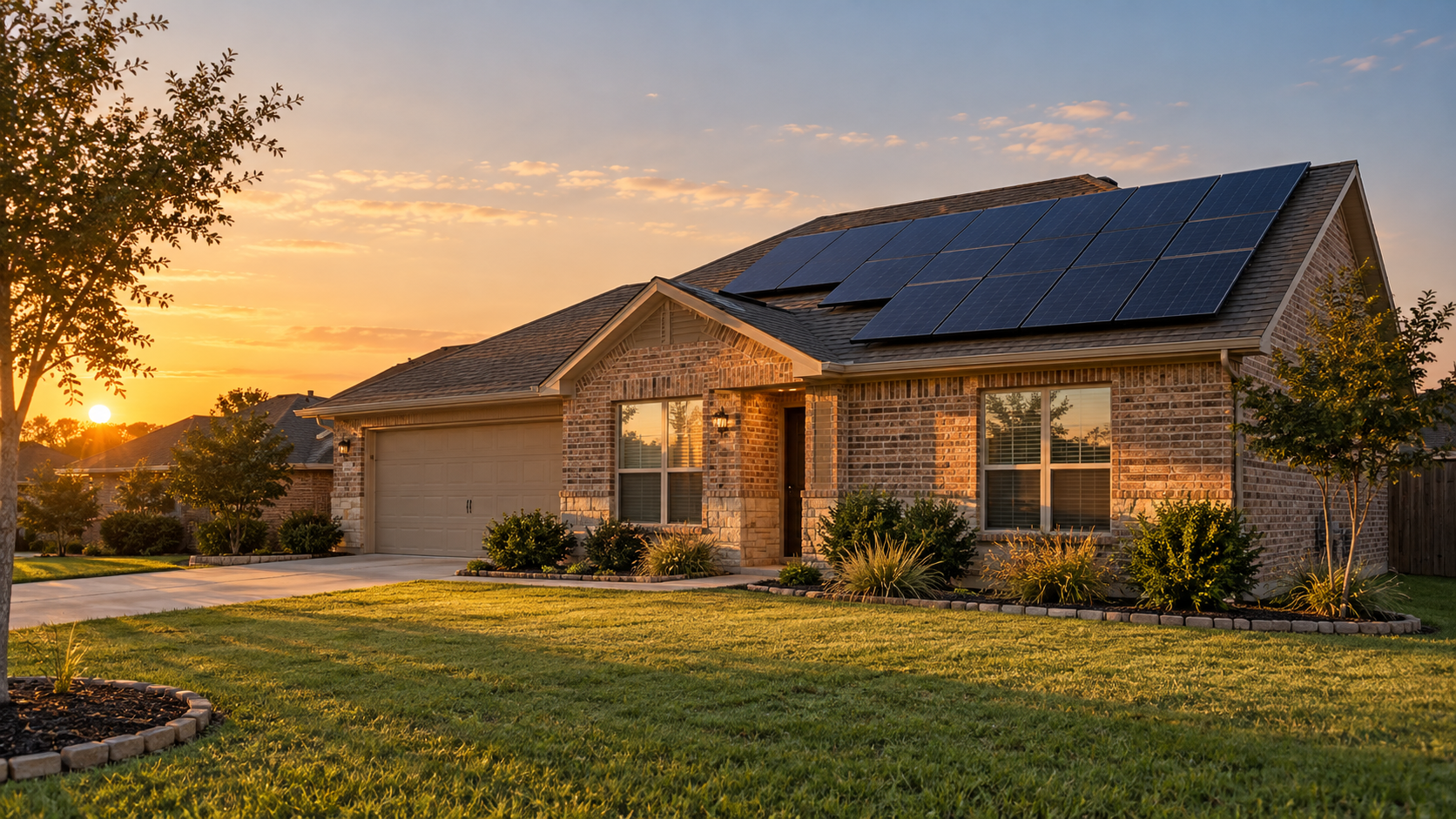 A Texas home with rooftop solar panels in the early evening
