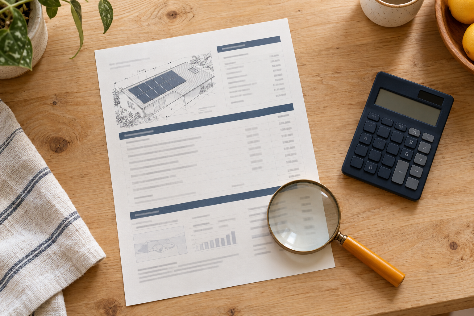 An installer's solar quote on a table with a calculator and a magnifying glass
